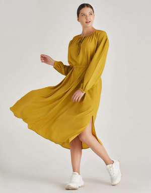 Kadın Sarı Yeşil Uzuk Kollu Geniş Kesim Elbise