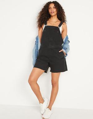 Slouchy Straight Black-Wash Cut-Off Non-Stretch Jean Short Overalls for Women