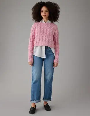 American Eagle Cropped Cable-Knit Sweater. 1