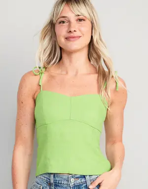 Fitted Linen-Blend Tie-Shoulder Cropped Cami Top for Women green