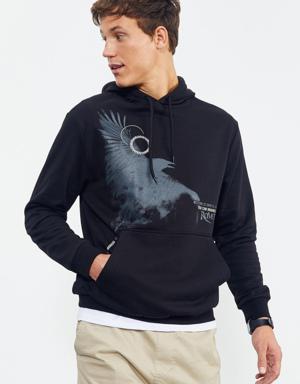 Siyah Kuzgun Baskılı Kapüşonlu Kanguru Cepli Rahat Form Erkek Sweatshirt - 88014