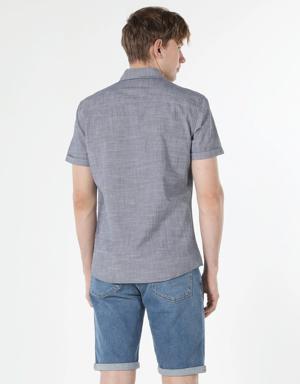Slim Fit Shirt Neck Çizgili Antrasit Erkek Kısa Kol Gömlek