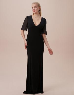 Siyah Derin V Yaka Kısa Kollu Tül Detaylı Şifon Uzun Elbise
