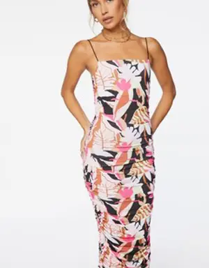 Forever 21 Tropical Print Ruched Midi Dress Black/Multi