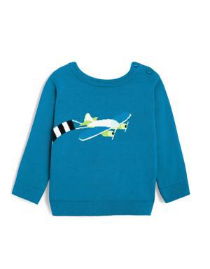 Kıyı Mavisi Erkek Bebek Uçak Desenli Kazak