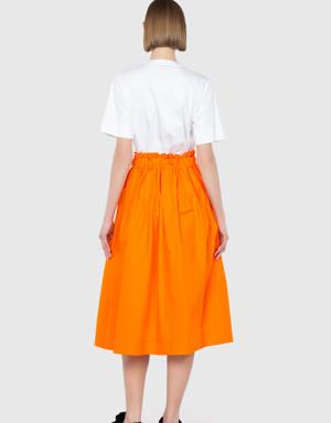 Ruffle Detailed Knee Length Voluminous Orange Skirt