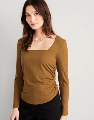 Luxe Cropped Rib-Knit Shirred Top for Women brown