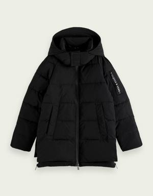 Hooded water-repellent long-length puffer jacket
