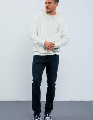Ekru Desen Baskılı Kapüşonlu Rahat Form Erkek Sweatshirt - 88018
