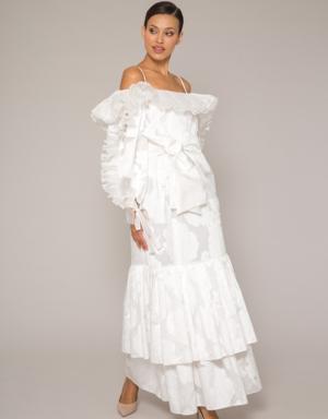 Organza Pleat Ruffle Detailed Belted Long White Dress