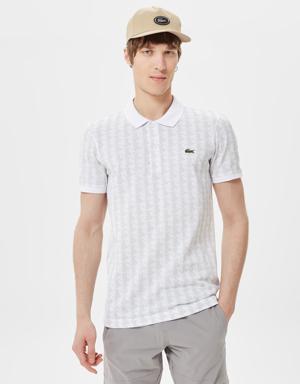 Erkek Slim Fit Monogram Beyaz Polo