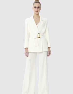 Button Detailed Belted Ecru Suit