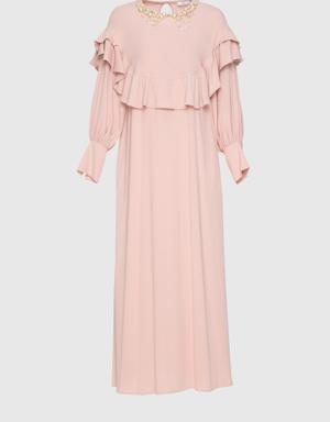 Long Pink Dress With Ruffled Sleeves