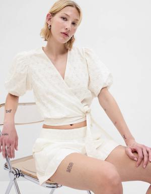 Puff Sleeve Eyelet Wrap Top white