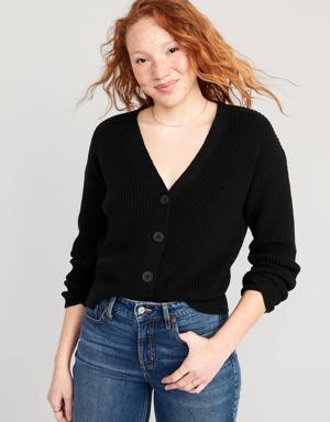 Lightweight Cotton and Linen-Blend Shaker-Stitch Cardigan Sweater for Women black