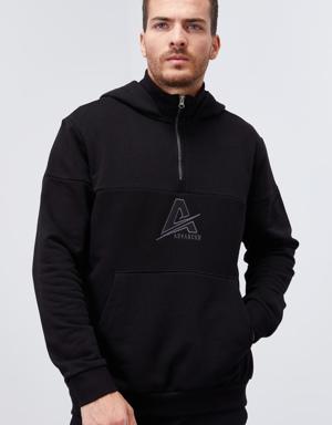 Siyah Nakış Detaylı Yarım Fermuar Kapüşonlu Erkek Sweatshirt - 88033