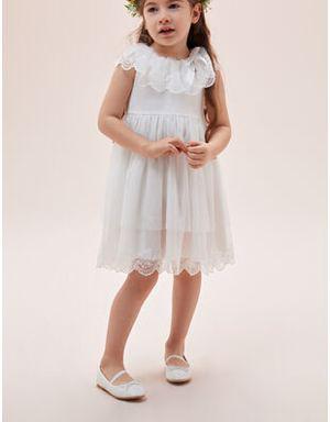 Beyaz Yakası Dantel İşlemeli Çocuk Elbisesi