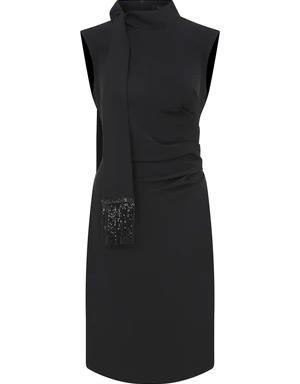 Sequin Detail Tie Collar Black Sheath Dress