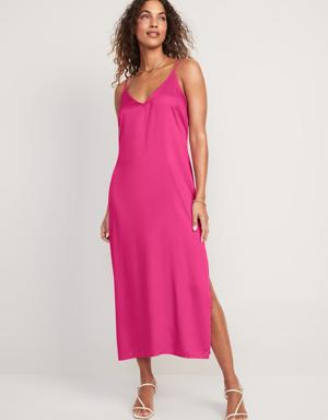Satin Smocked Midi Slip Dress for Women pink