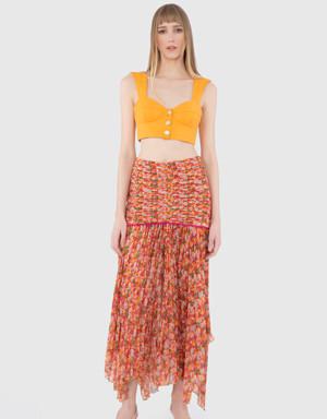 Pleat Detail Crispy Floral Midi Length Orange Skirt