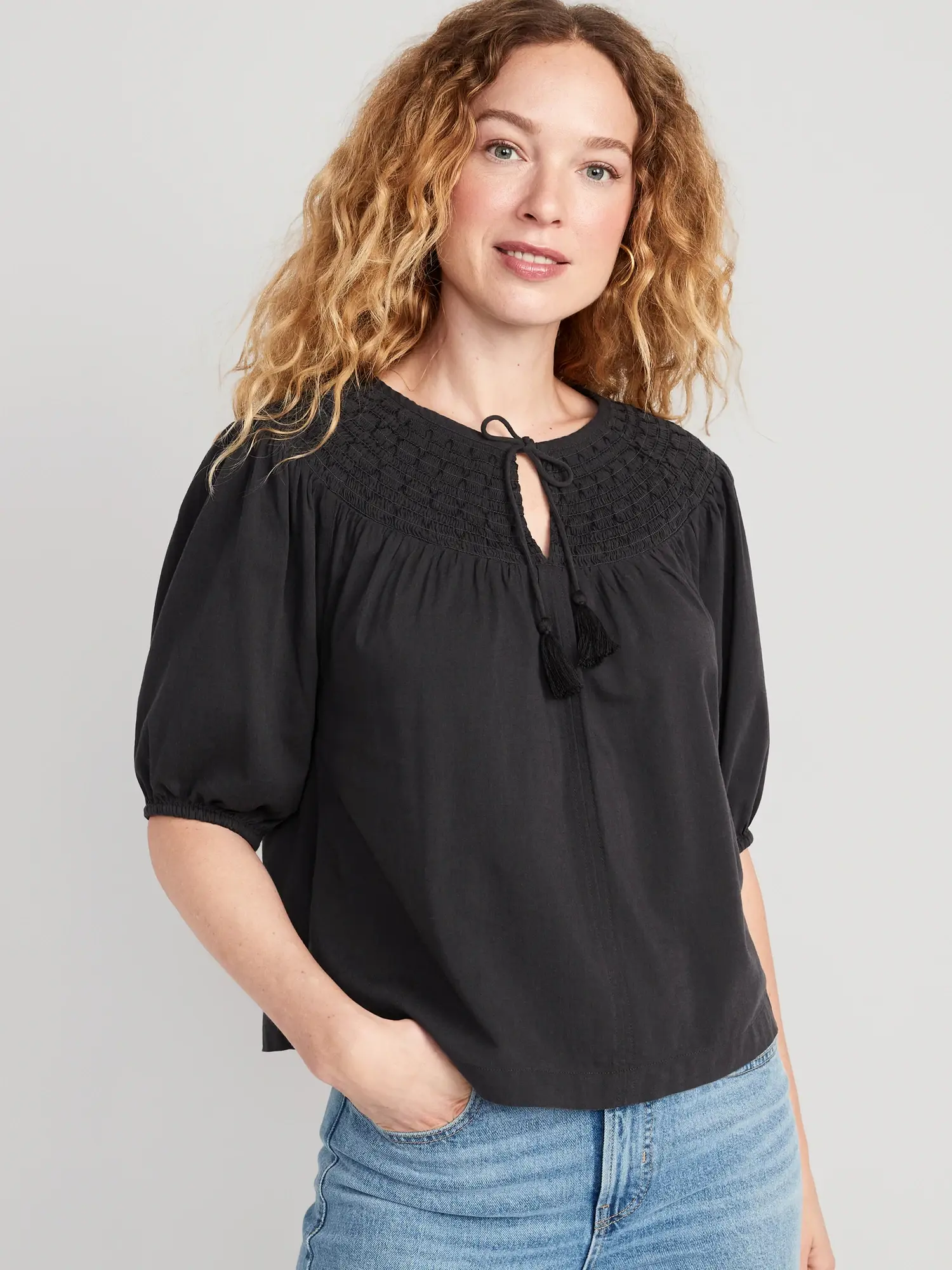 Old Navy Puff-Sleeve Tie-Front Embroidered Swing Top for Women black. 1