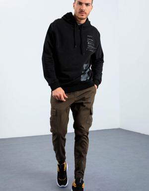 Siyah Desen Baskılı Kapüşonlu Rahat Form Erkek Sweatshirt - 88018