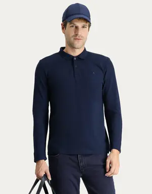 Polo Yaka Slim Fit Nakışlı Pamuk Sweatshirt