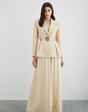 Striped Beige Fabric Jacket With Window Detail At The Waist