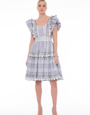 Contrast Embroidered Ruffle Striped Fabric Pleated Mini Length Blue Dress