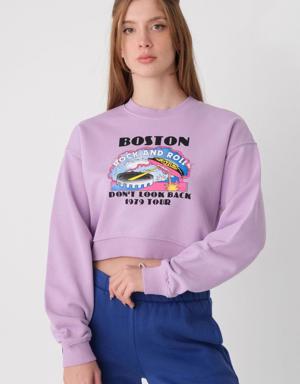 Boston Baskılı Bisiklet Yaka Crop Sweatshirt