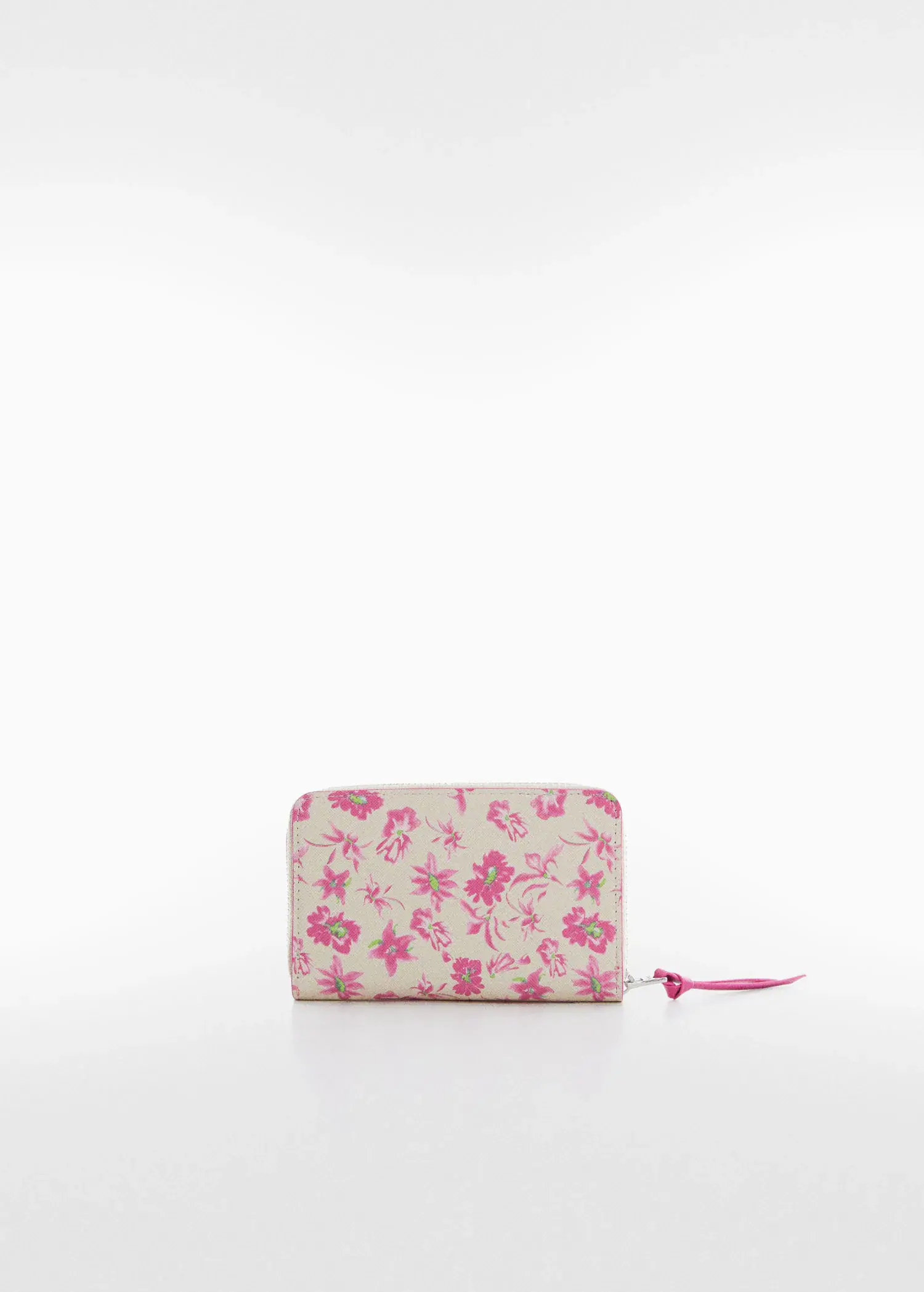 Mango Floral saffiano-effect wallet. a white purse with pink flowers on it. 