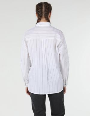 Regular Fit Shirt Neck Çizgili Beyaz Kadın Uzun Kol Gömlek