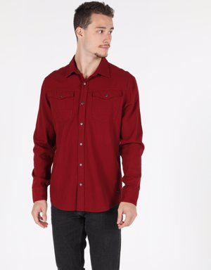 Regular Fit Shirt Neck Erkek Kırmızı Uzun Kol Gömlek