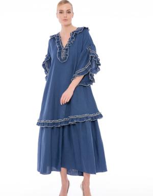 Ruffle Detailed Long Indigo Dress
