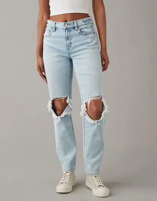 American Eagle Stretch Super High-Waisted Ripped Ankle Straight Jean. 1