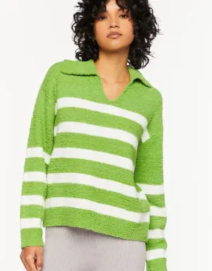 Forever 21 Fuzzy Striped Collared Sweater Green/Cream