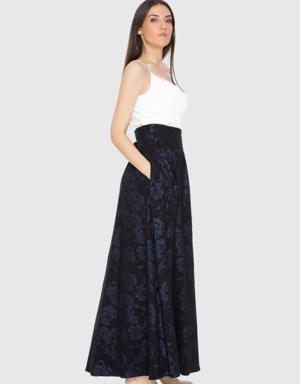 Gizia Patterned Flared Long Navy Blue Skirt. 2 Gizia Patterned Flared Long Navy Blue Skirt. 2