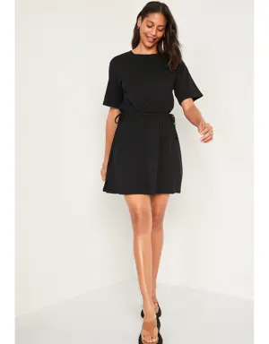 Waist-Defined Short-Sleeve Linen-Blend Mini Dress for Women black