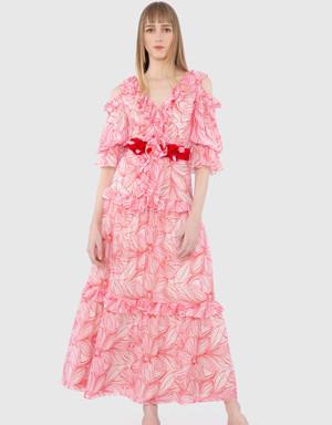 Embroidered Belt Detailed Frilly Long Chiffon Red Dress