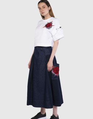 Knitwear Collar And Embroidery Detailed Oversize White T-Shirt
