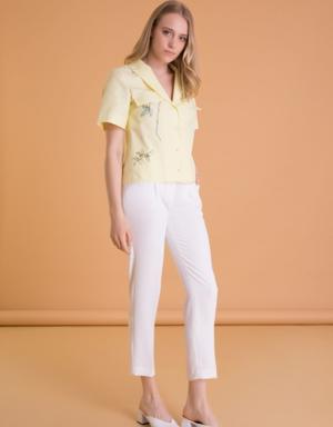 Embroidered Detailed Short Sleeve Crop Yellow Shirt