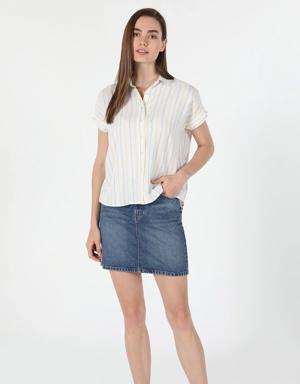 Regular Fit Shirt Neck Çizgili Çok Renkli Kadın Kısa Kol Gömlek