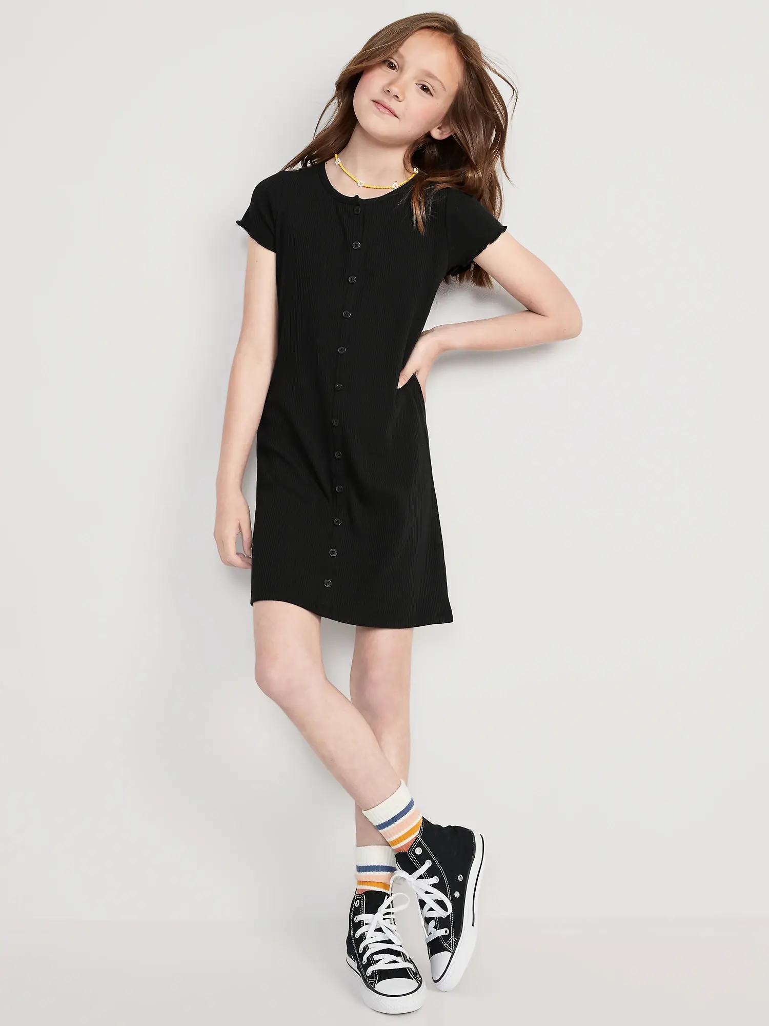 Old Navy Short-Sleeve Rib-Knit Button-Front Dress for Girls black. 1