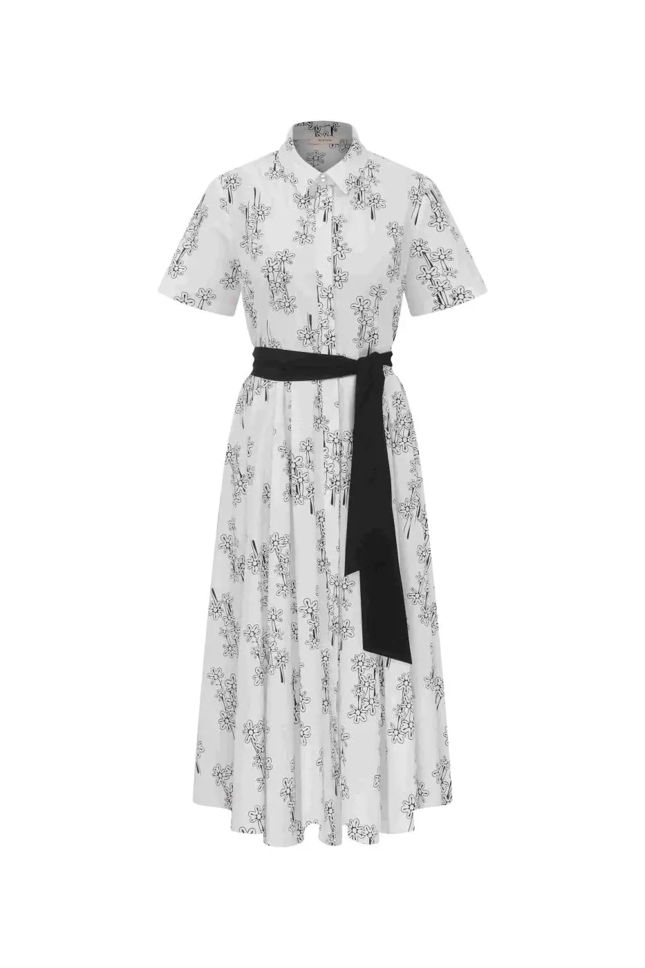 Roman Floral Slit Waist Belted Dress Black-White - 4 / Black-White. 1