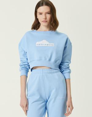Mavi Logolu Oversize Cropped Sweatshirt