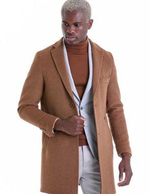 Kahverengi Slim Fit Düz Çift Düğme Mono Yaka Yün Palto
