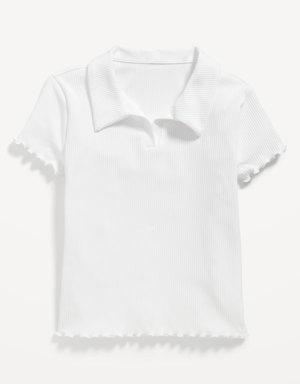 Rib-Knit Lettuce-Edge Collared Top for Girls white