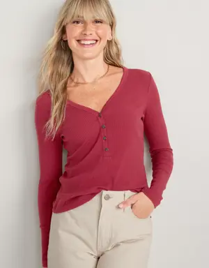 Old Navy Fitted Long-Sleeve Rib-Knit Henley Top for Women red