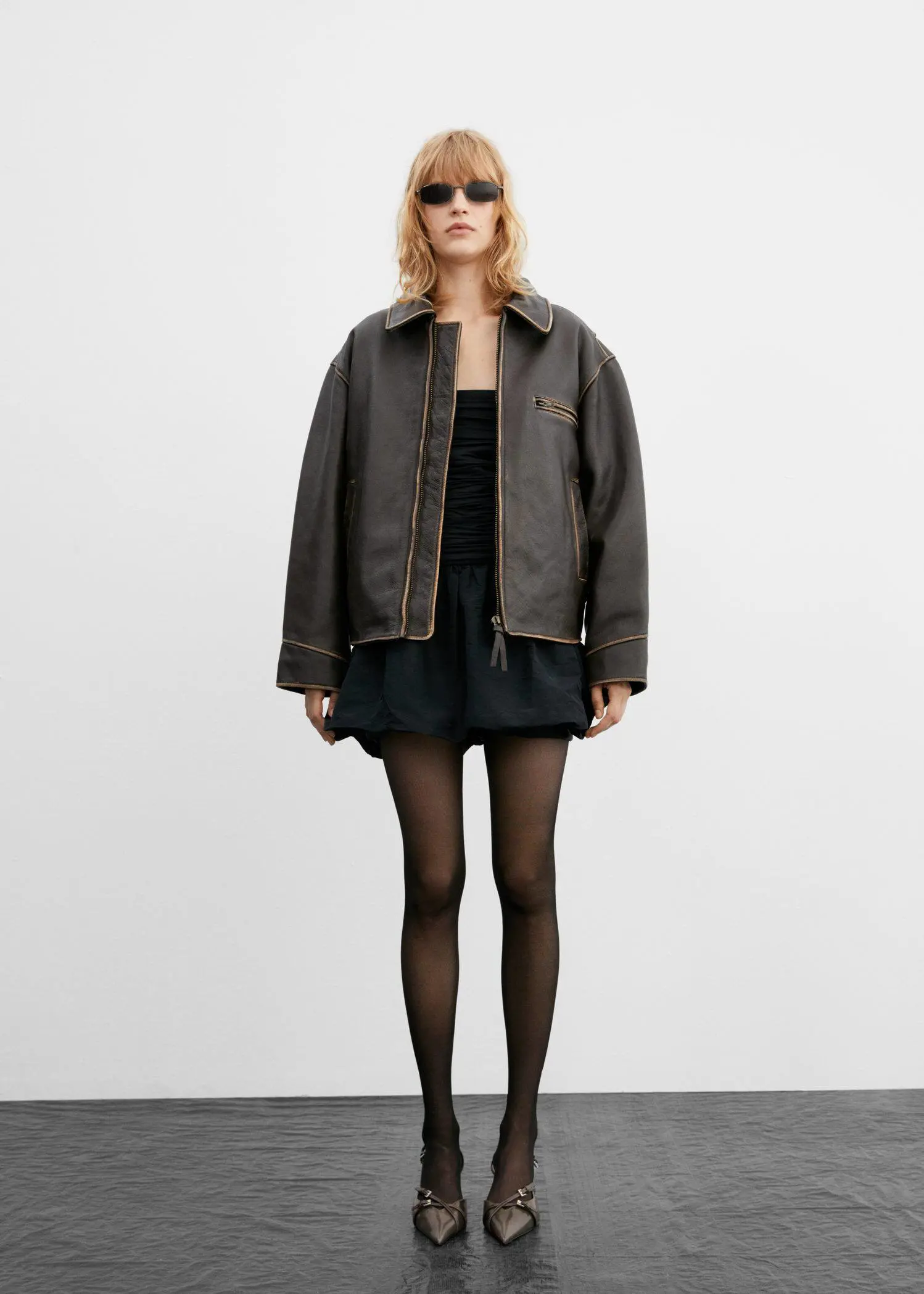 Mango Oversized worn-effect leather jacket. 1