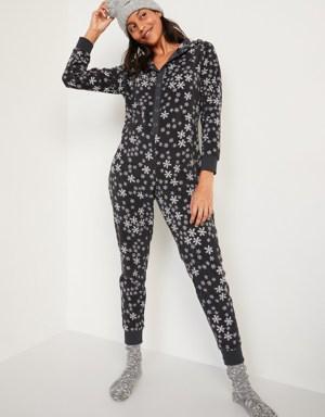 Matching Printed Microfleece Hooded One-Piece Pajamas for Women gray